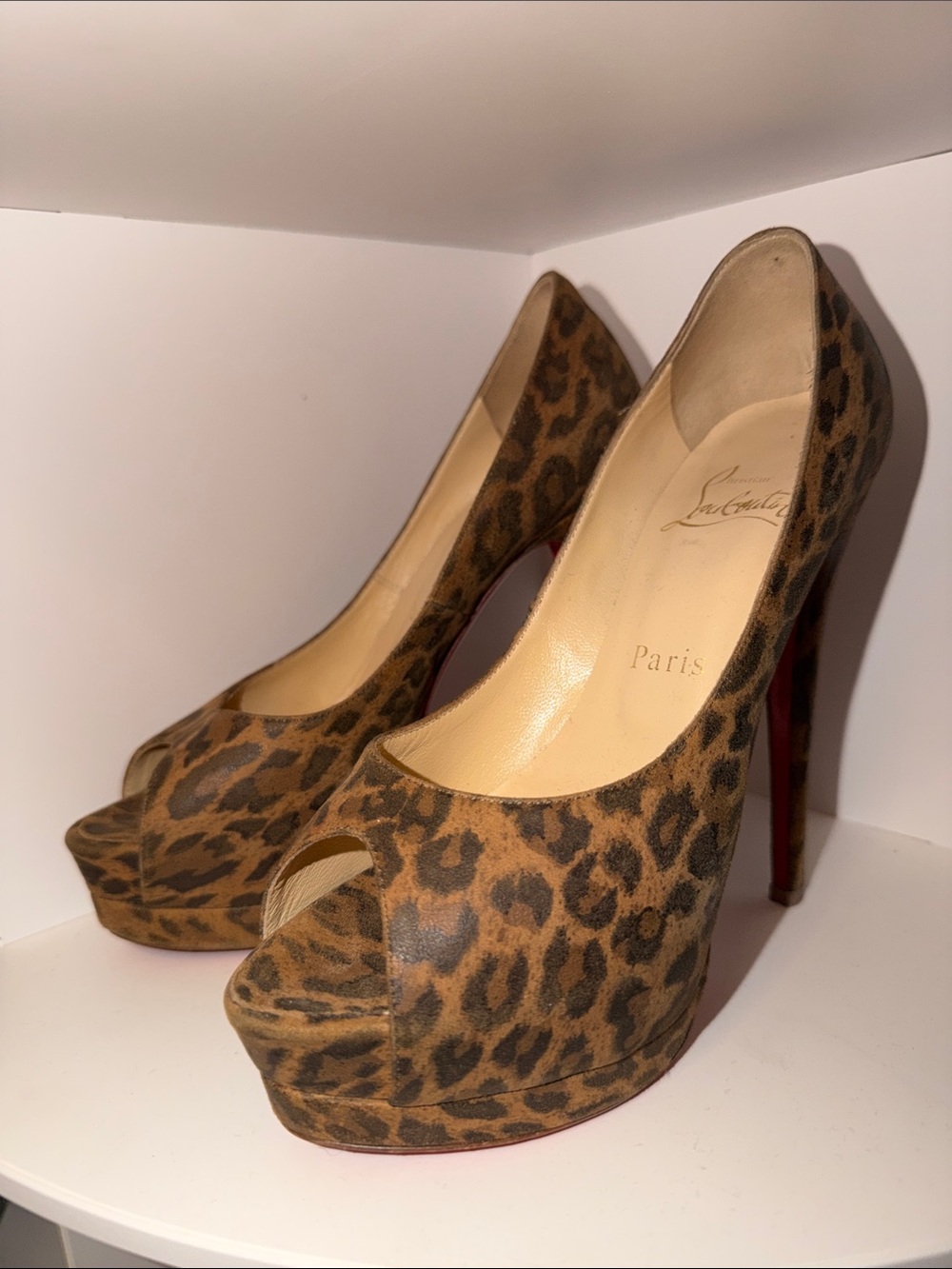 Christian Louboutin Leopard Print Peep-Toe Platform Pumps - Brown